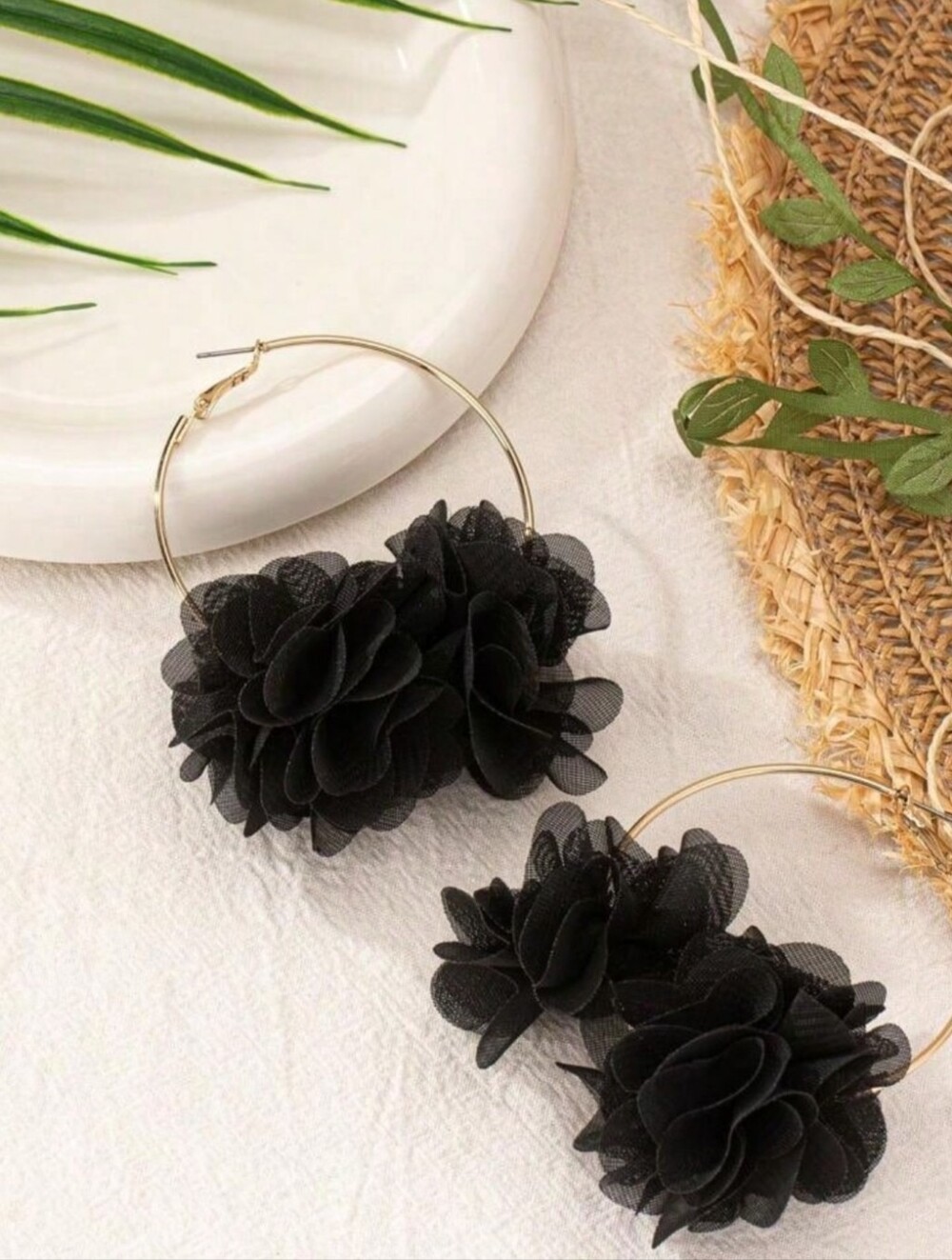 Elegant Black Floral Hoop Earrings - Women's Jewelry